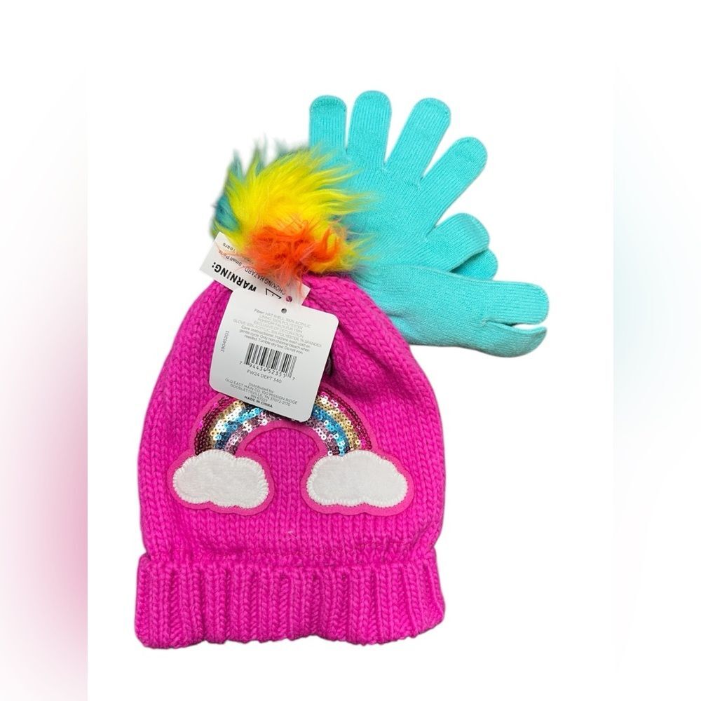 Kids Pink Rainbow Knit Hat and Gloves Set - Picture 2 of 8